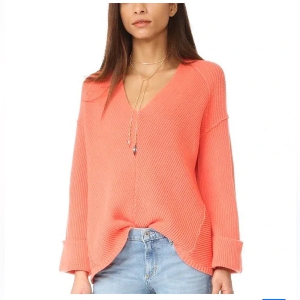 Free People Easy Street V-Neck Oversized Ribbed Knit Sweater Coral Orange Medium